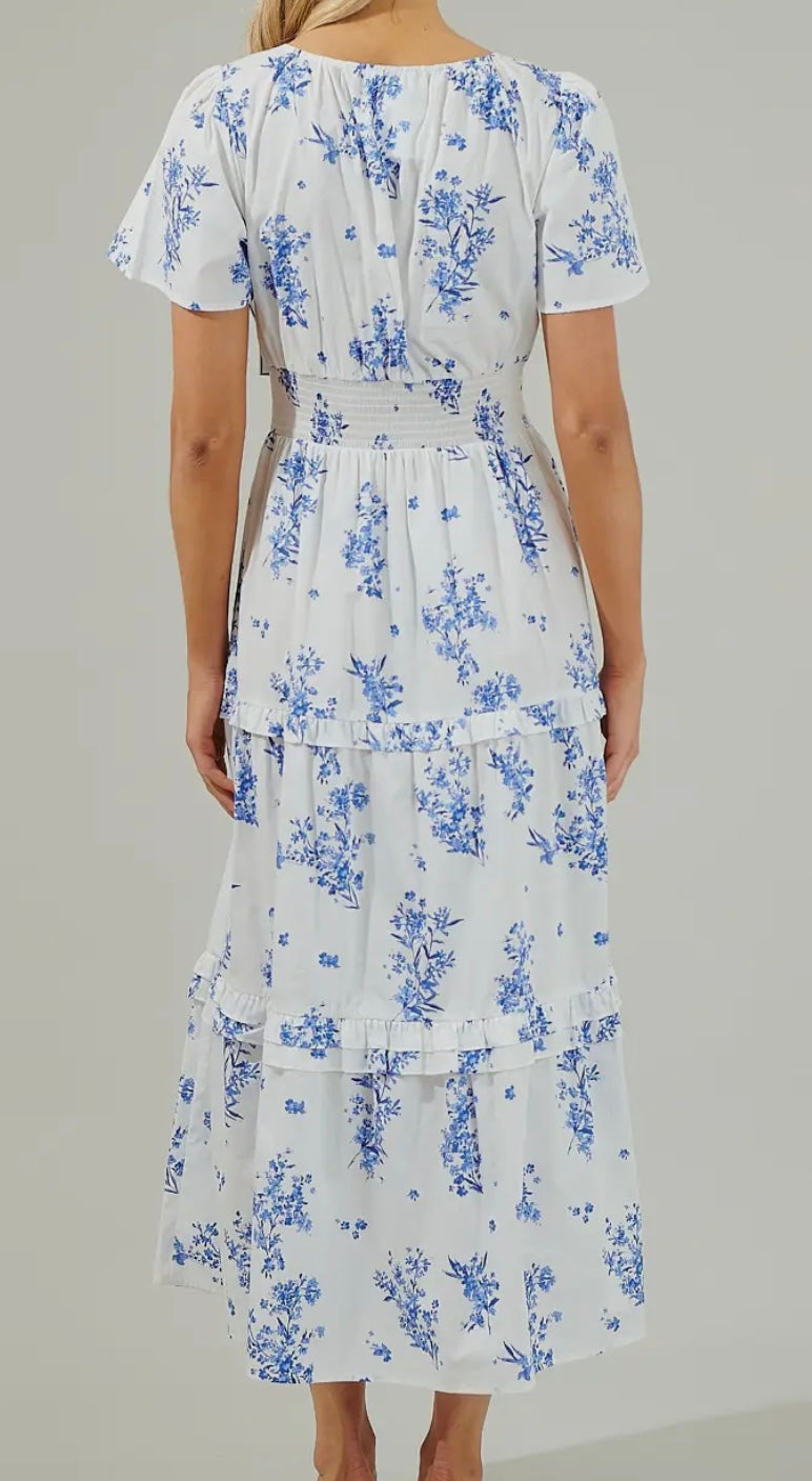 Blue and white floral midi dress
