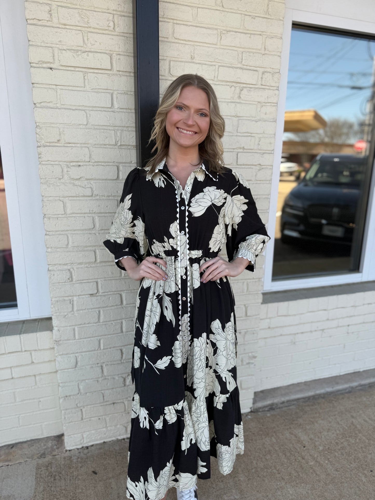 Black floral ric rac trim midi