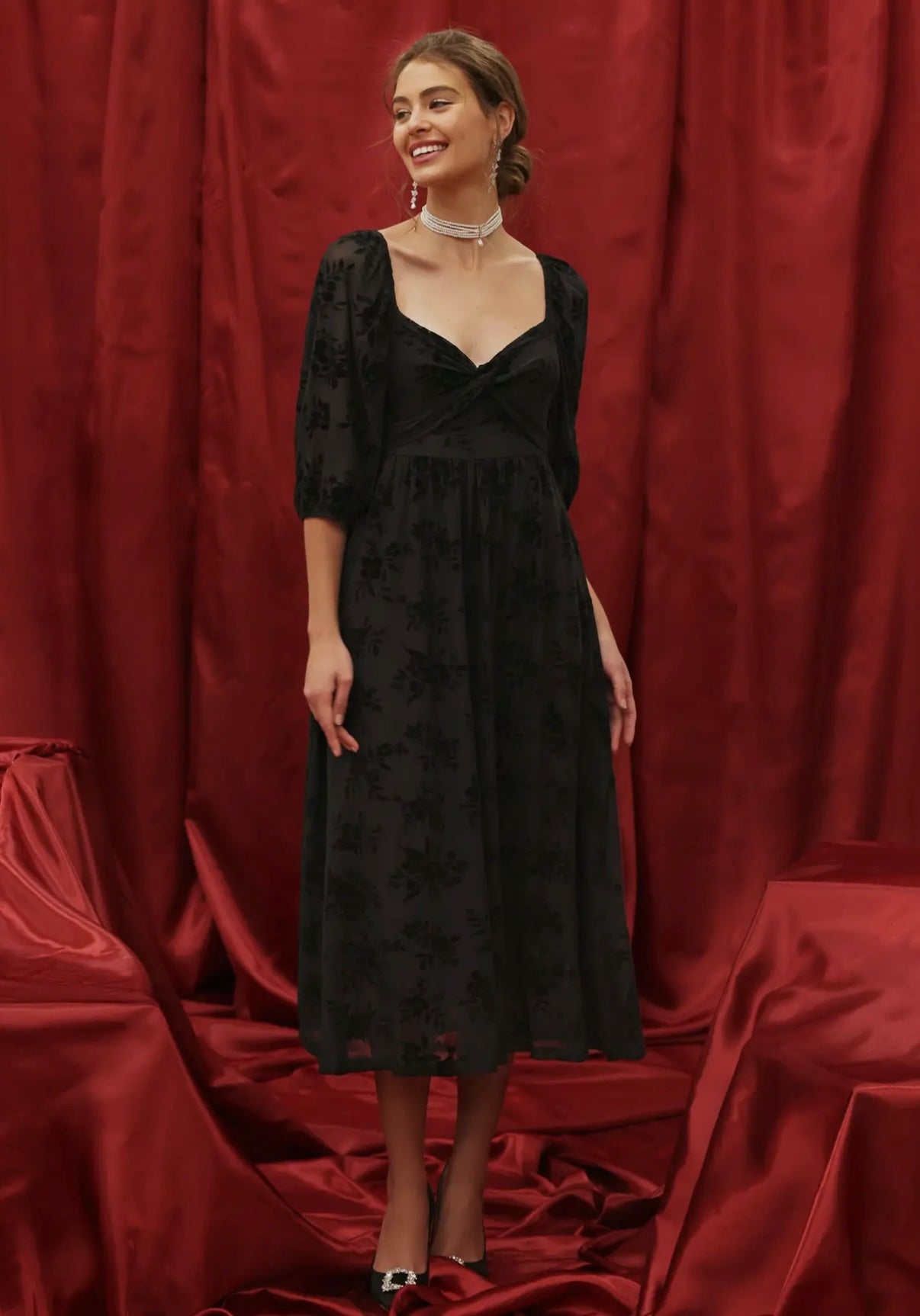 Black velvet floral midi dress