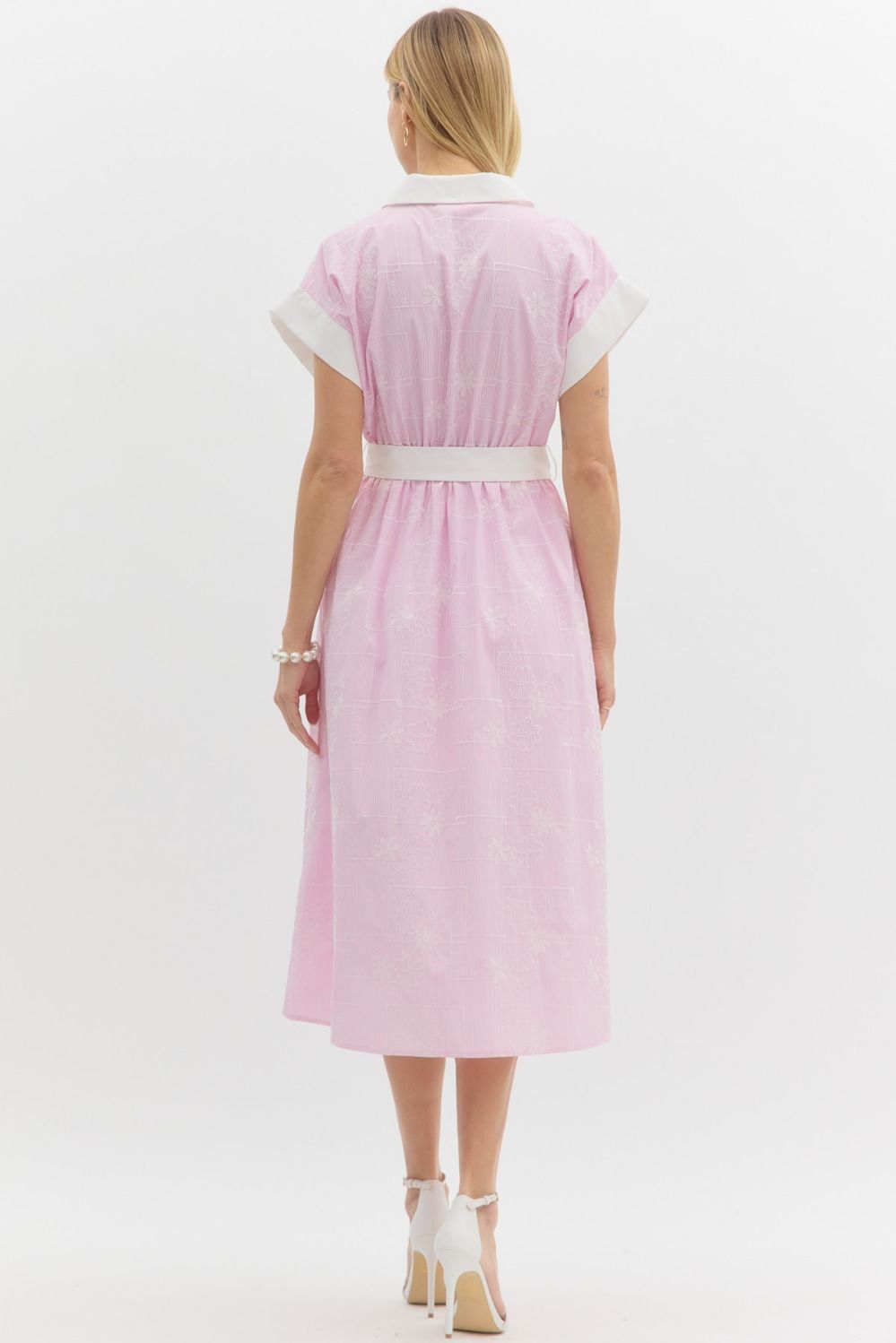 Pink and white embroidered midi dress
