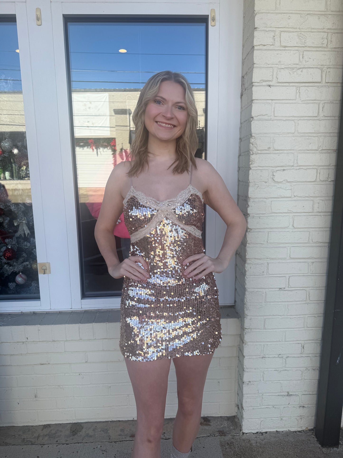 Gold sequin and lace dress