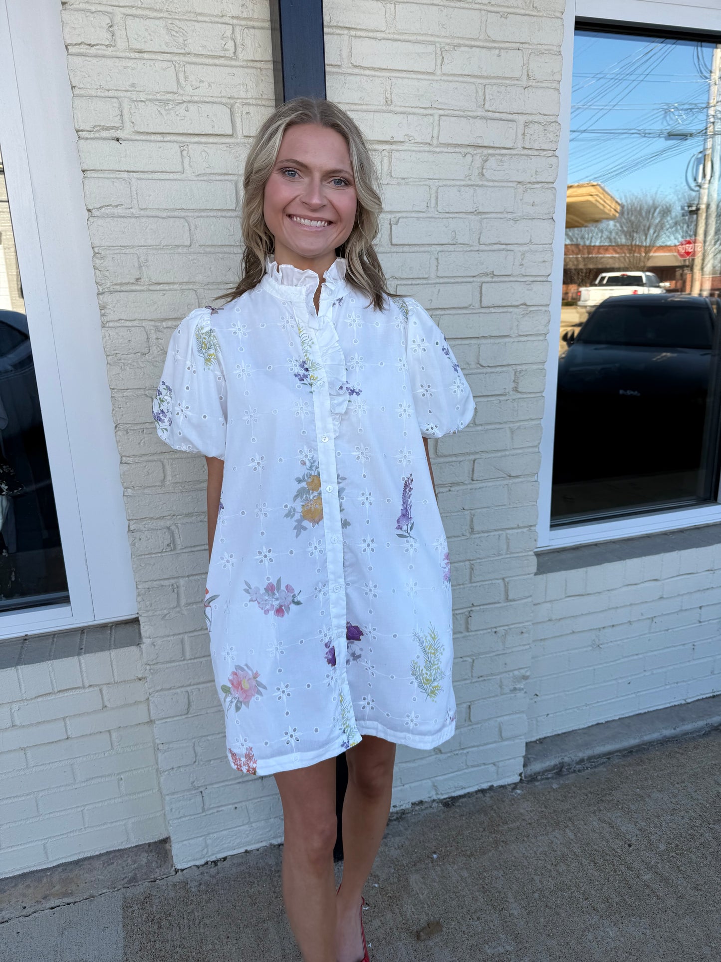 White button up mini dress with floral detail