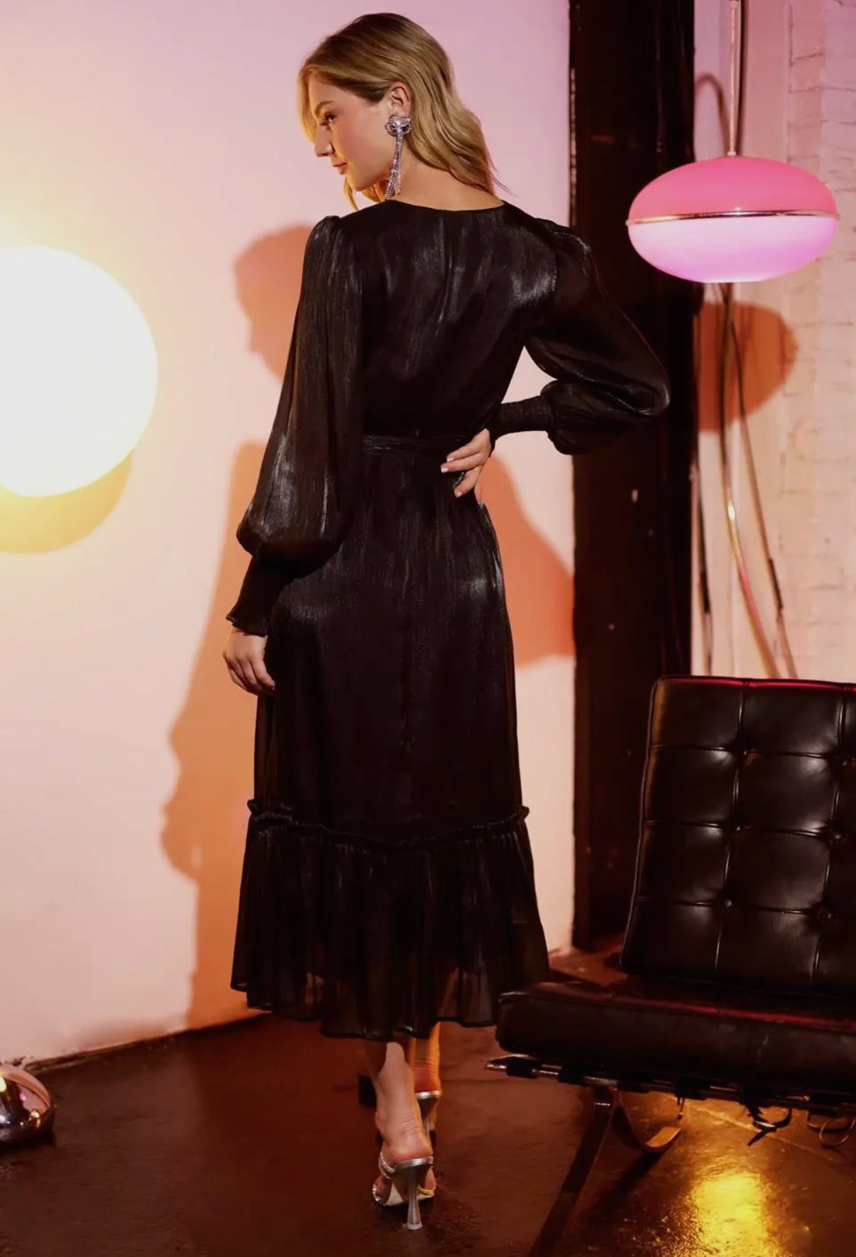 Shiny black midi dress