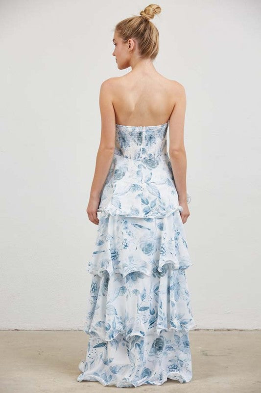 Blue and white strapless floral maxi