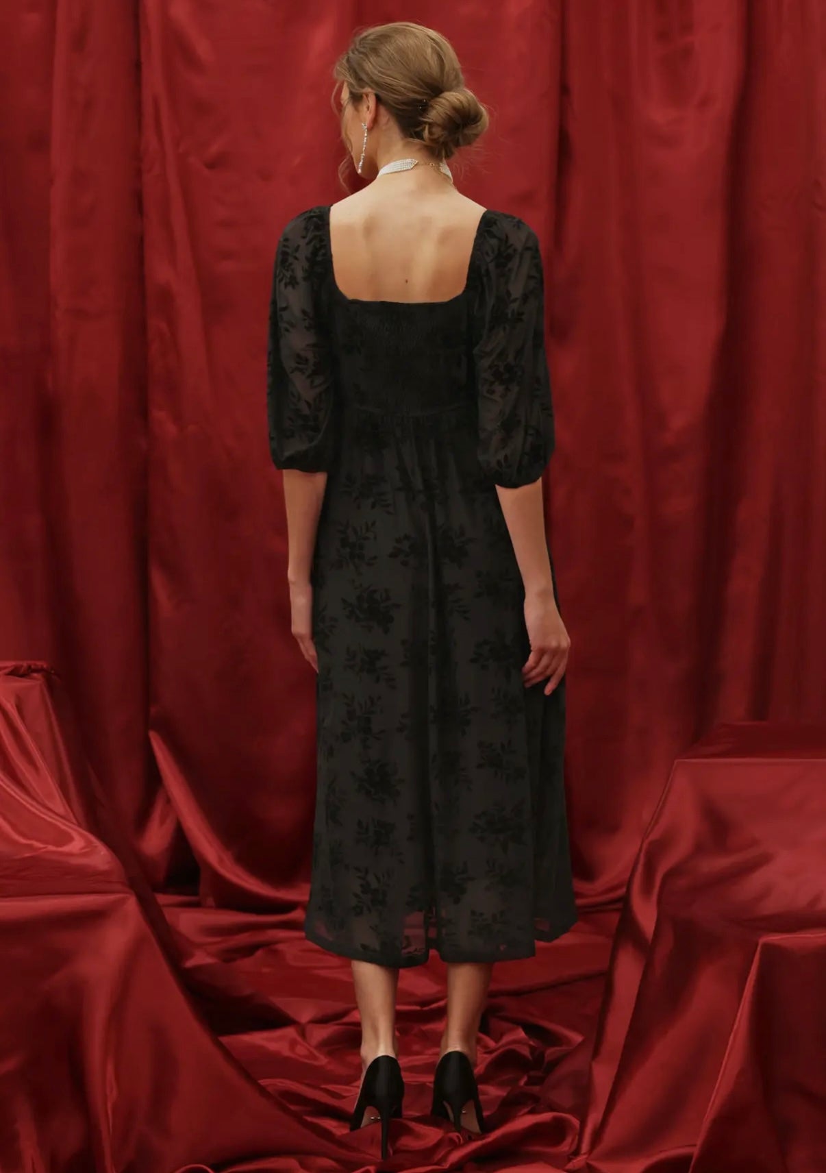 Black velvet floral midi dress