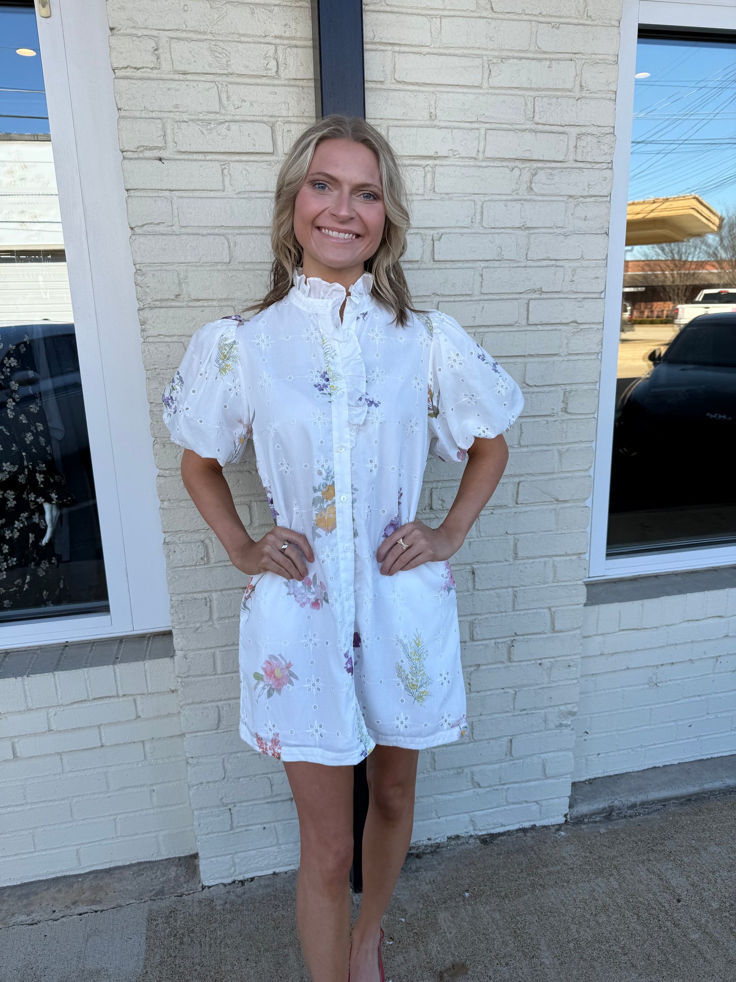 White button up mini dress with floral detail