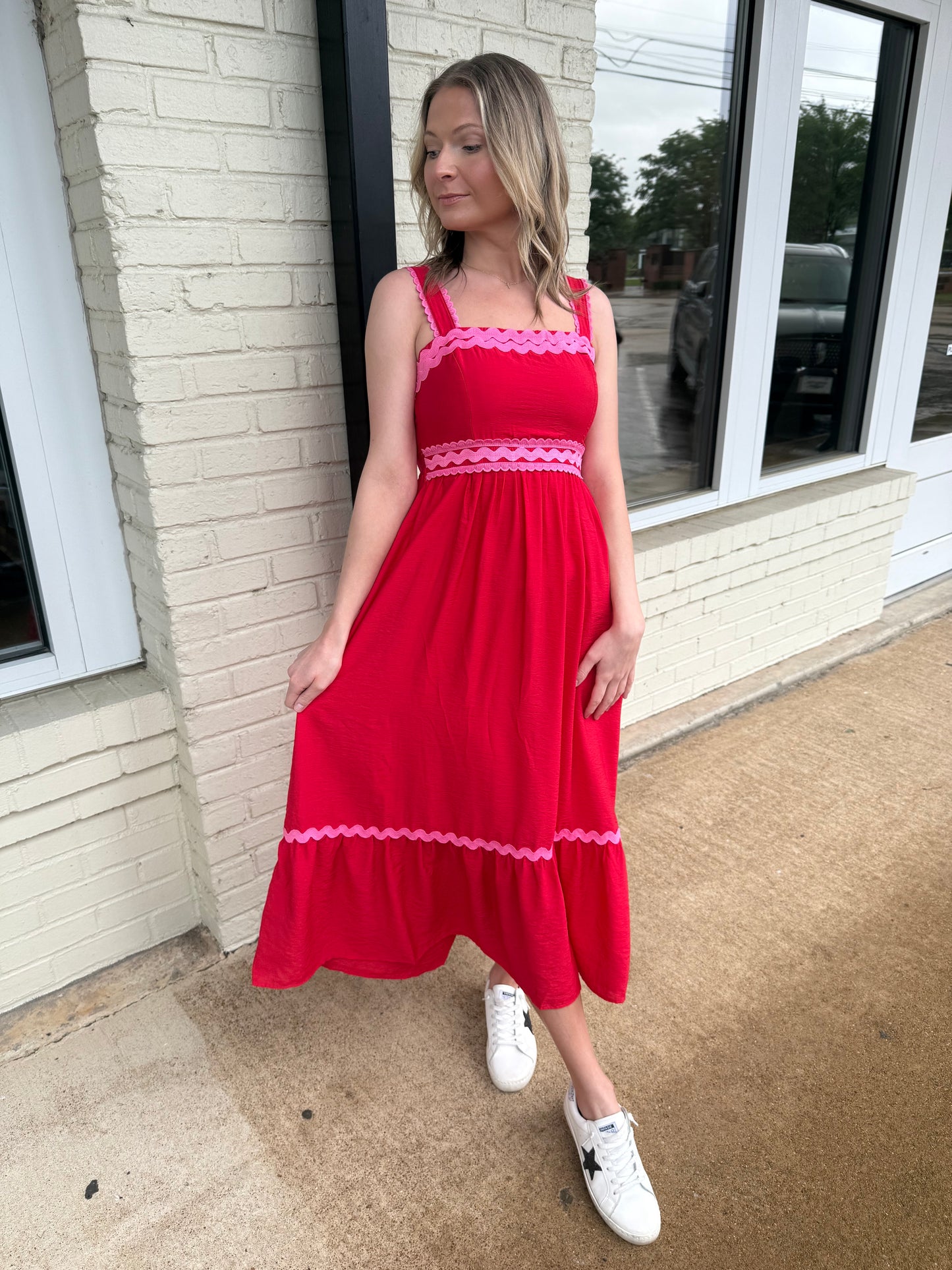 Red and pink ric rac midi