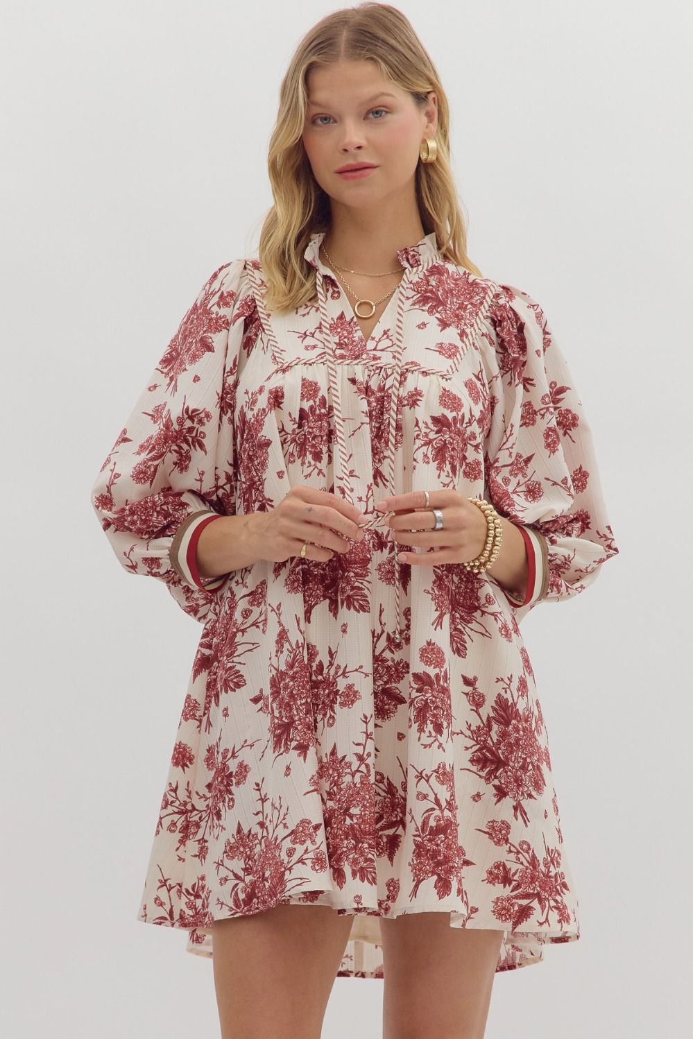 Red and cream floral dress