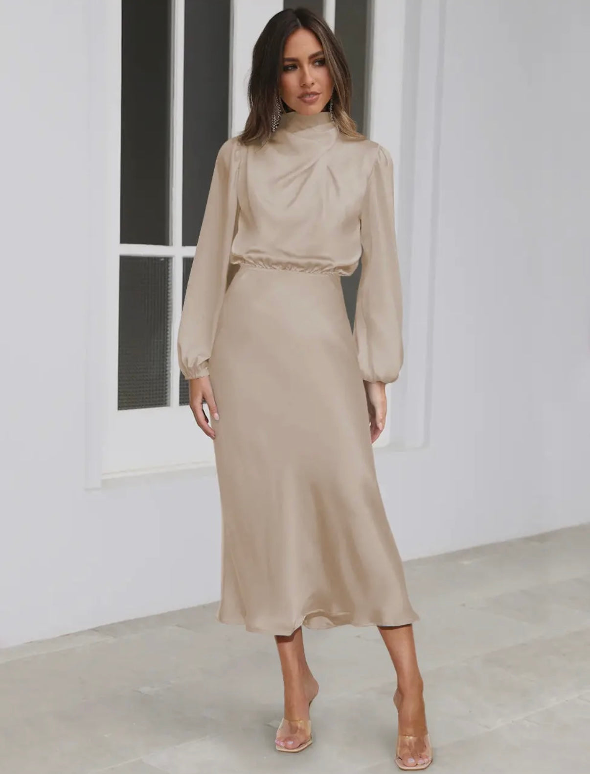 Apricot satin midi dress