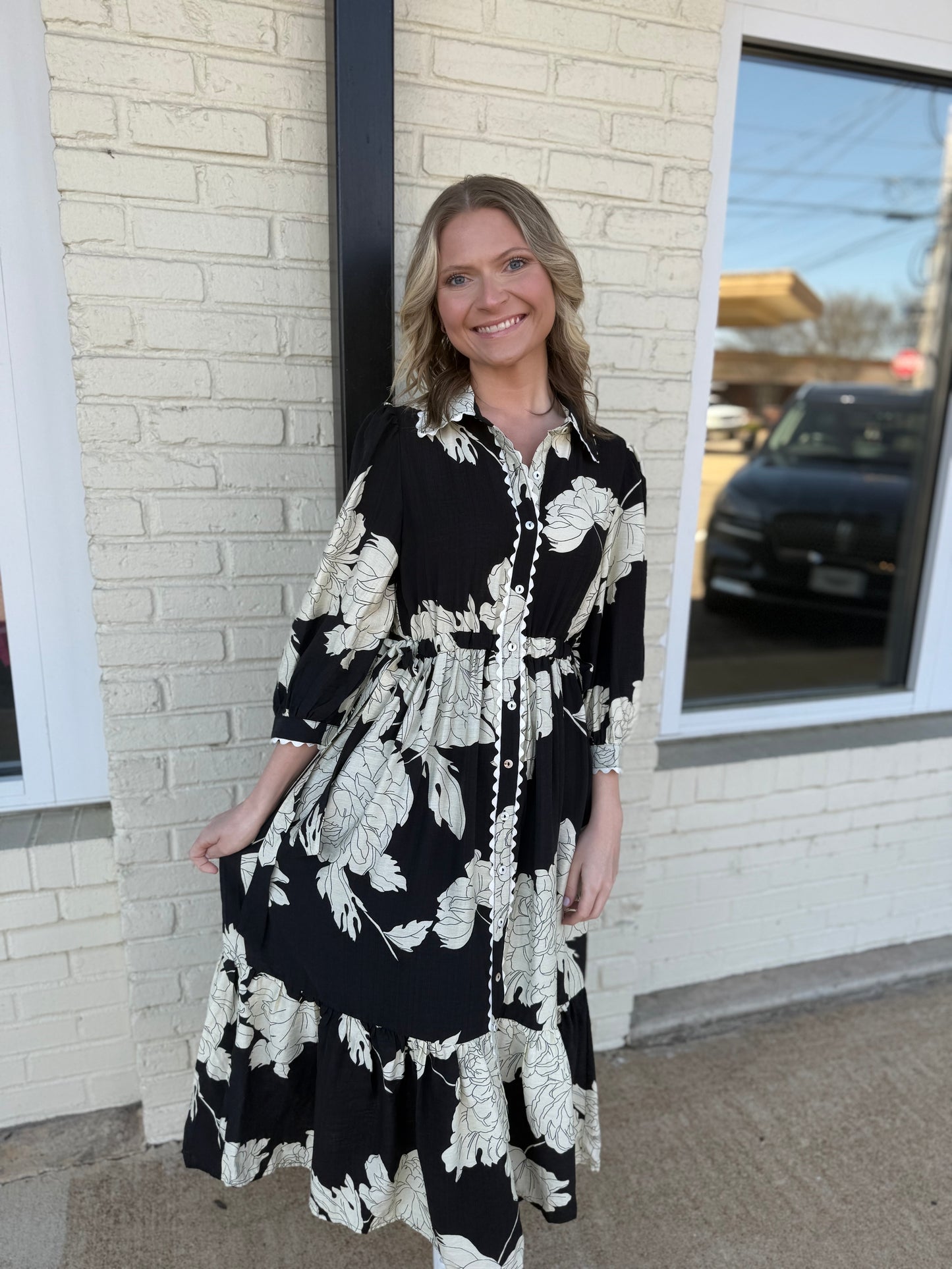Black floral ric rac trim midi