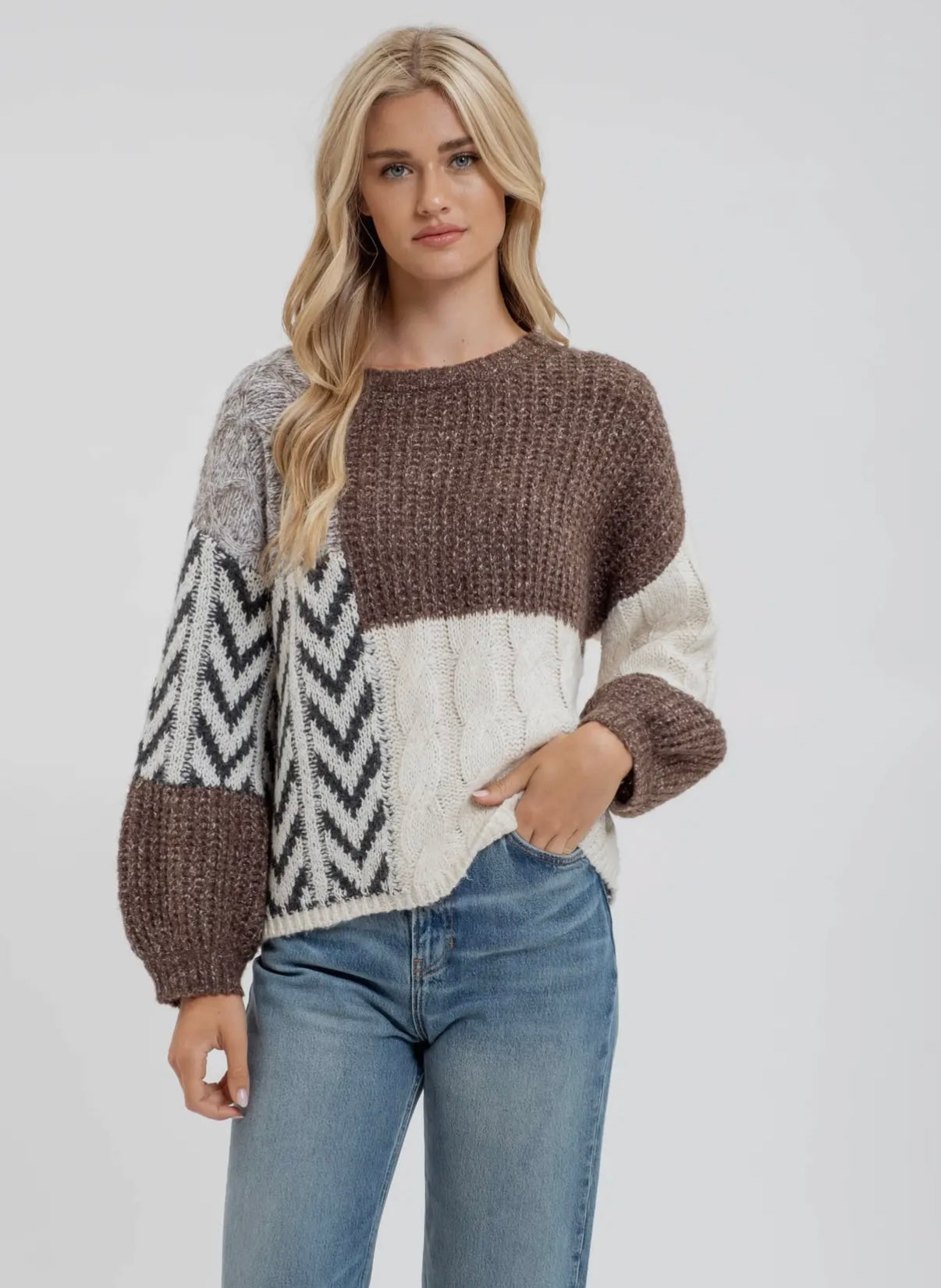 Brown and cream color block sweater