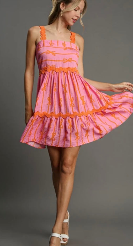 Pink and orange bow print sun dress