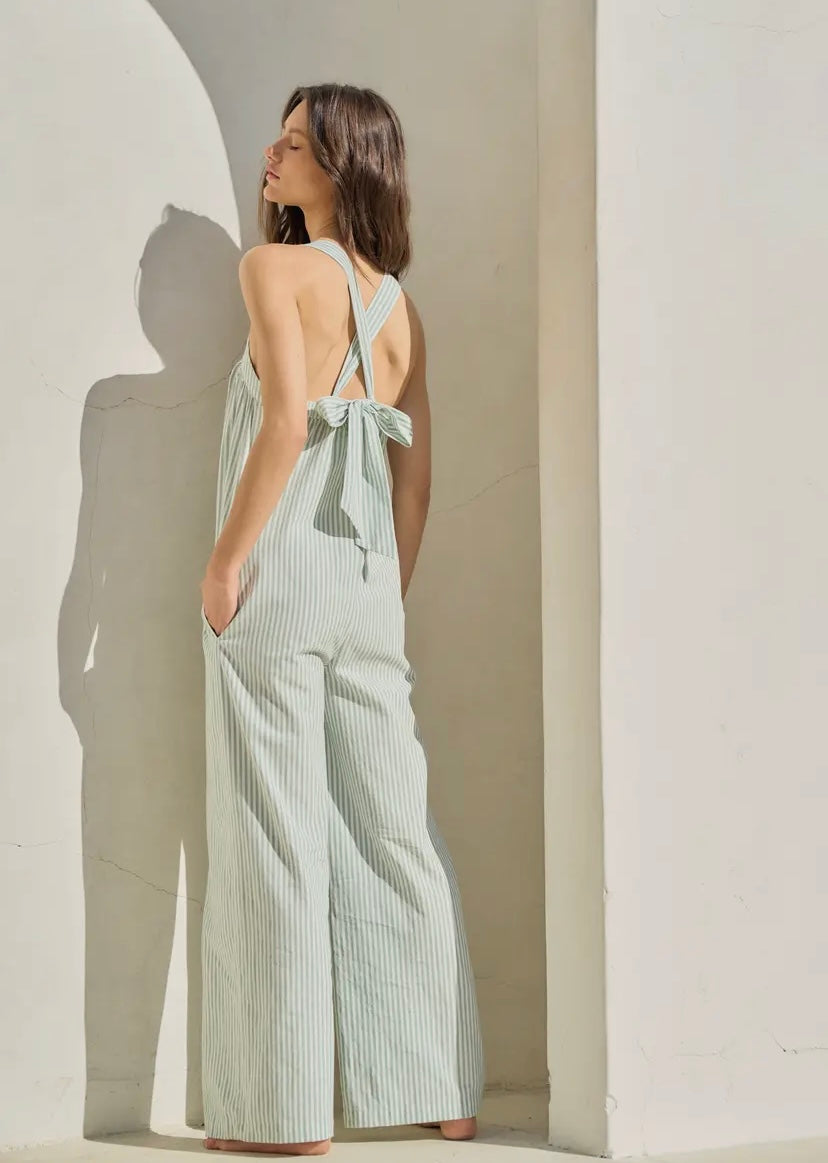 Sage and white striped jumpsuit