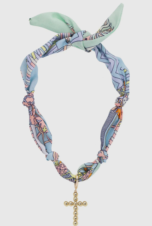 Pastel scarf necklace with Cross