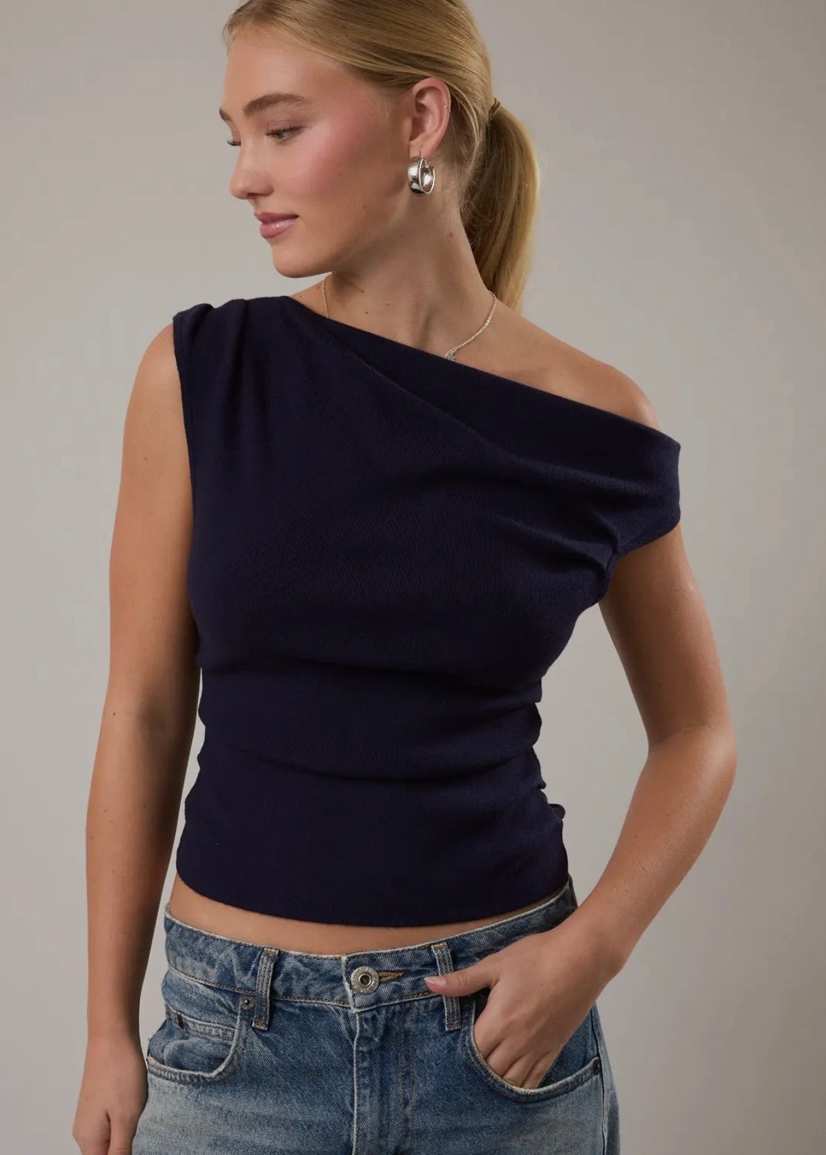 Asymmetrical neck navy top