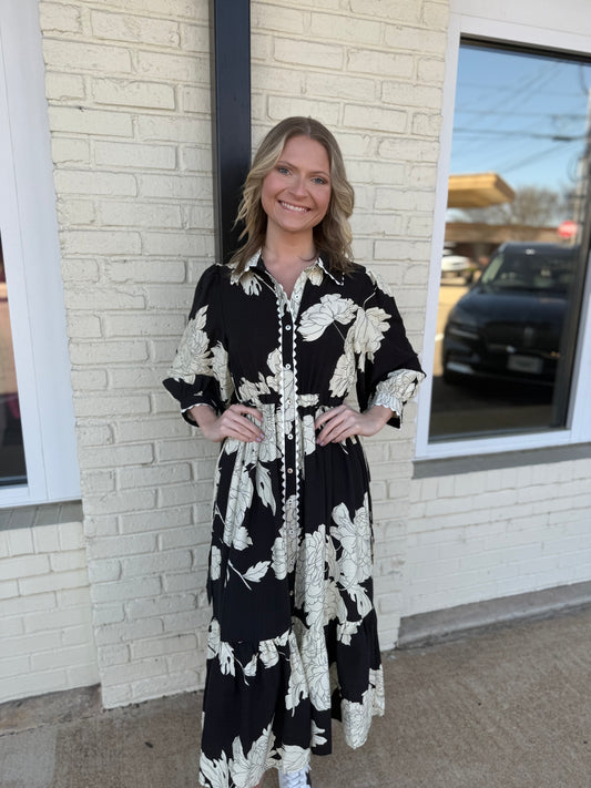 Black floral ric rac trim midi