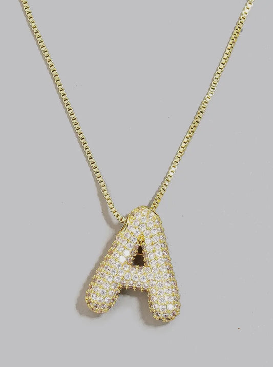Gold rhinestone bubble initial necklace