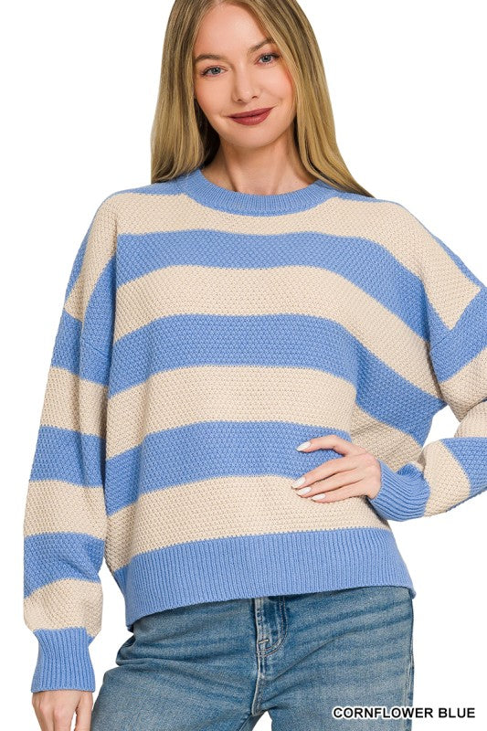 Blue and taupe striped sweater