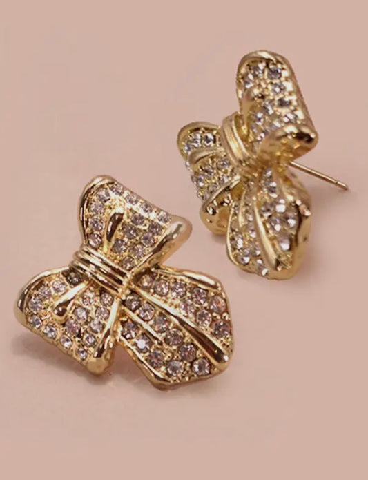 Gold rhinestone bow earrings