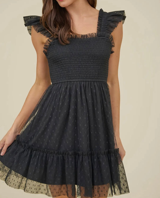 Black dotted chiffon mini dress