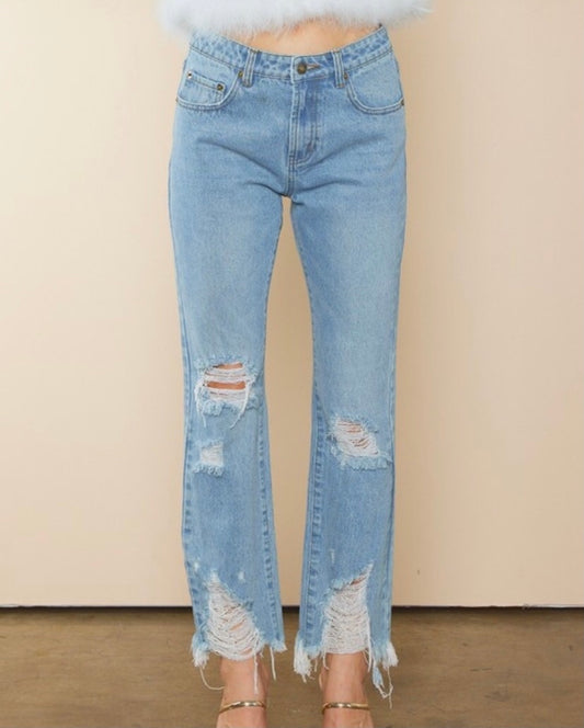 Distressed straight leg jeans