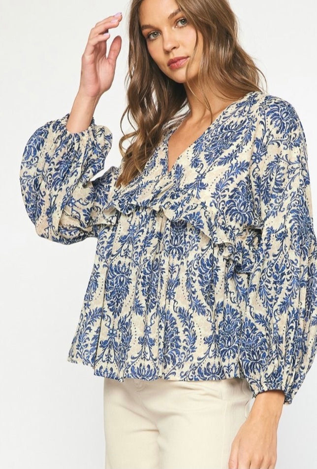 Cream and blue printed top