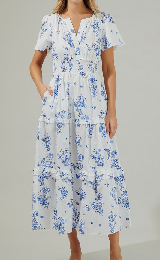 Blue and white floral midi dress