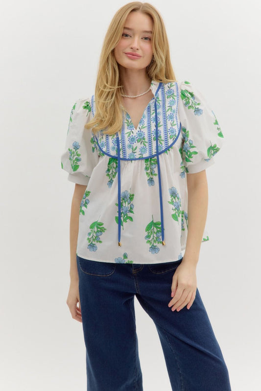 Blue and green floral top