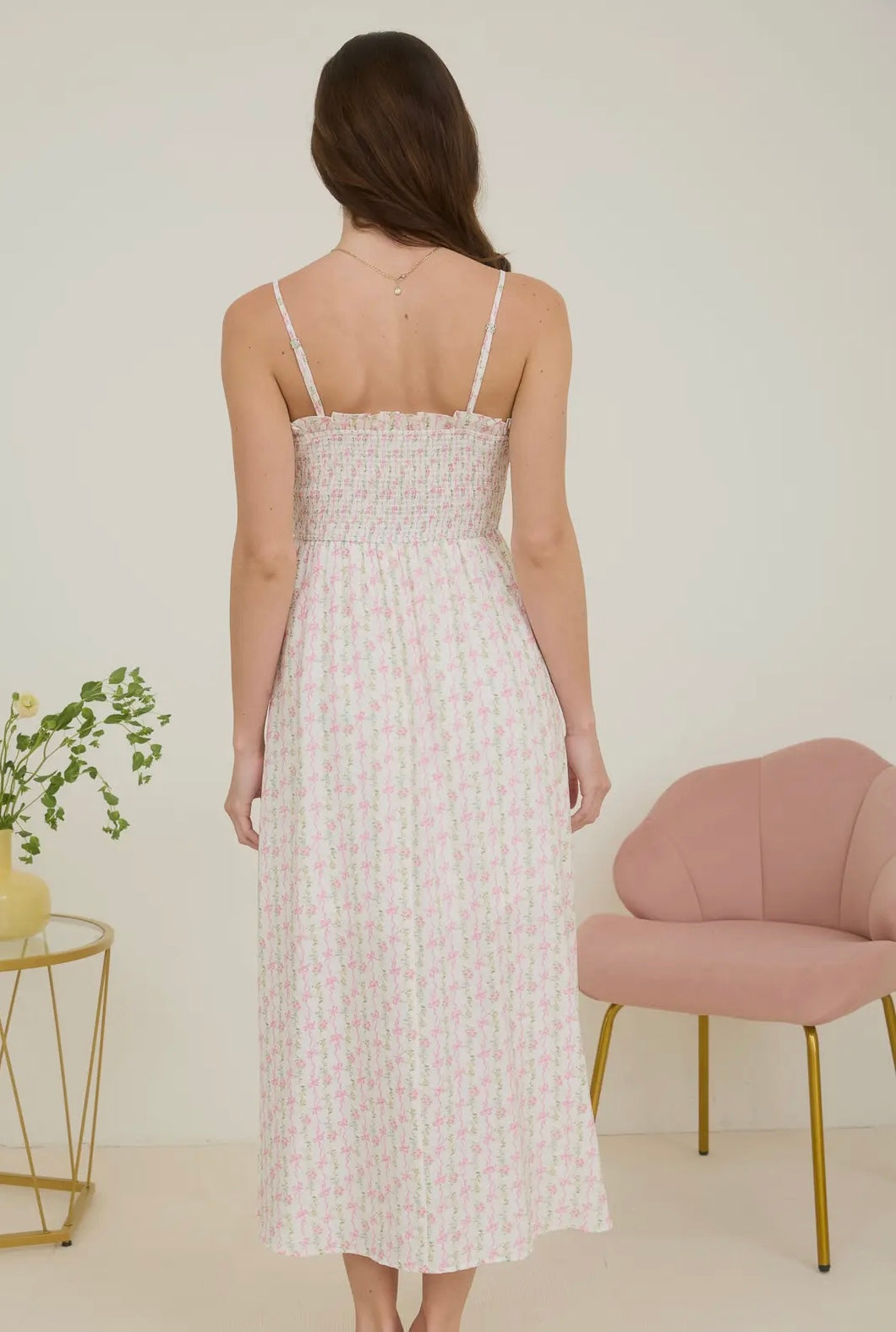 Pink bow print midi dress