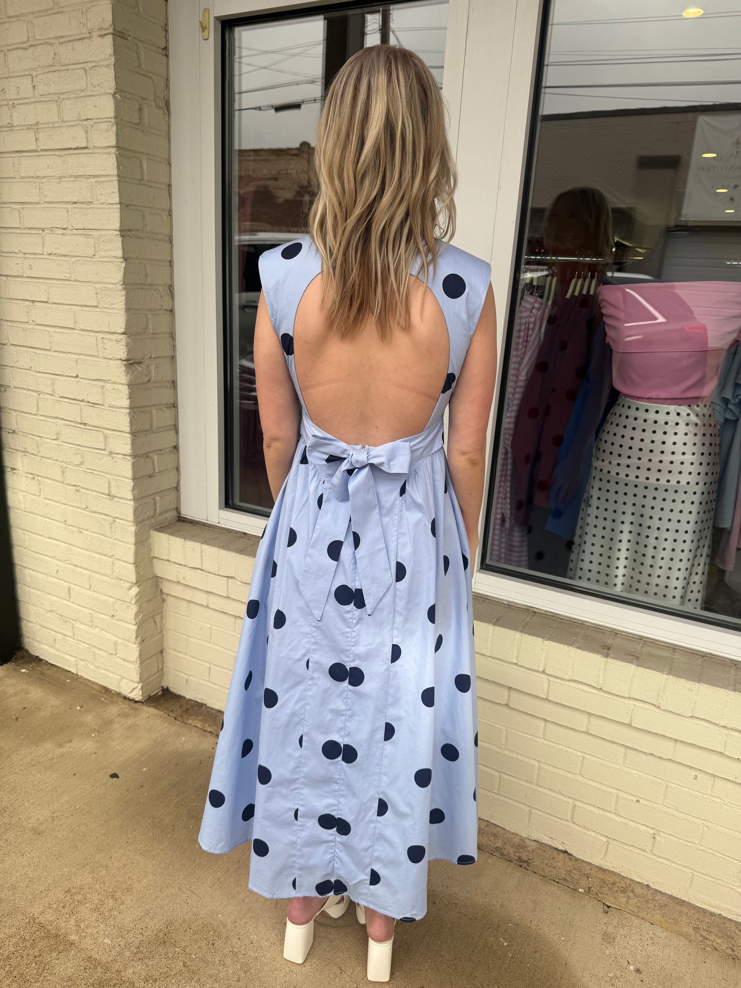Blue polka dot open back midi dress