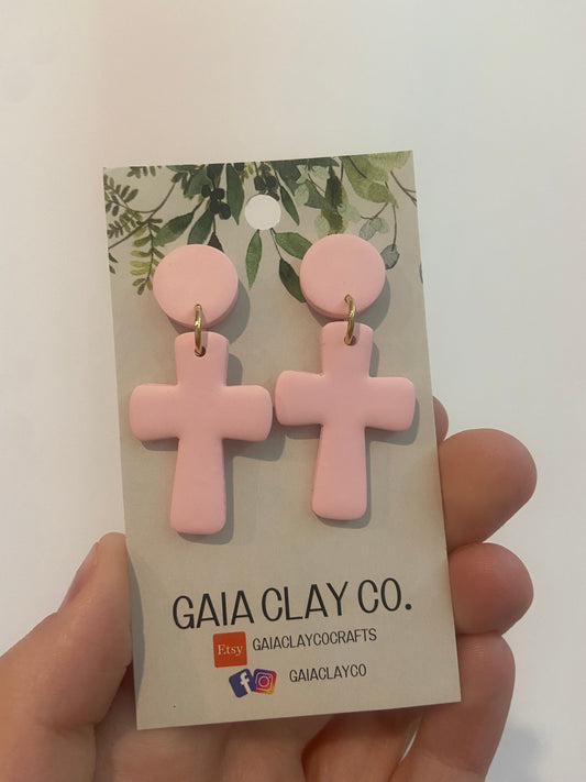 Gaia clay pink cross earrings