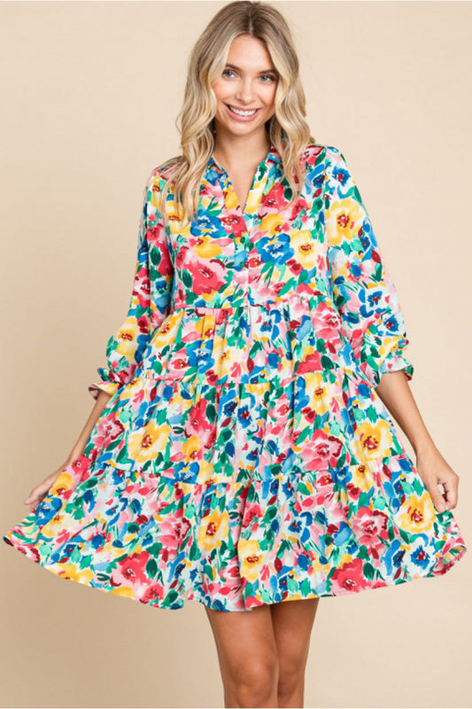 Multicolor floral half button up dress