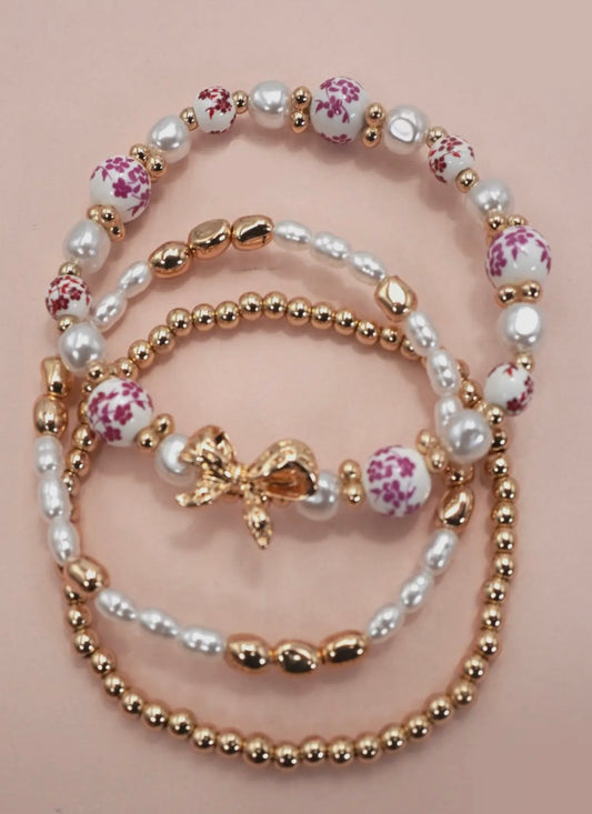 Pink and white bow bracelet set