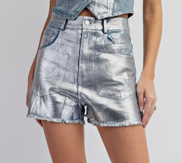 Foiled denim shorts