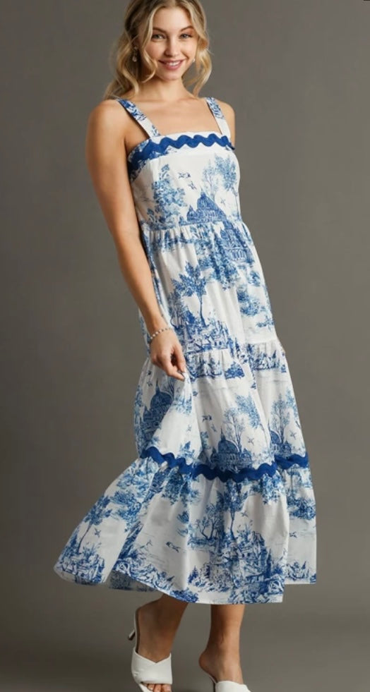 Blue and white midi sun dress