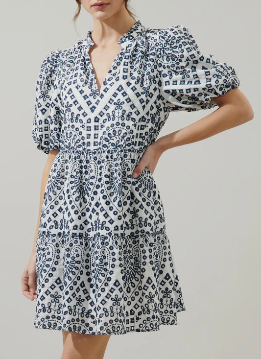 Blue and white eyelet dress