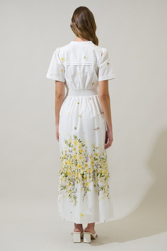 Yellow and purple floral midi dress