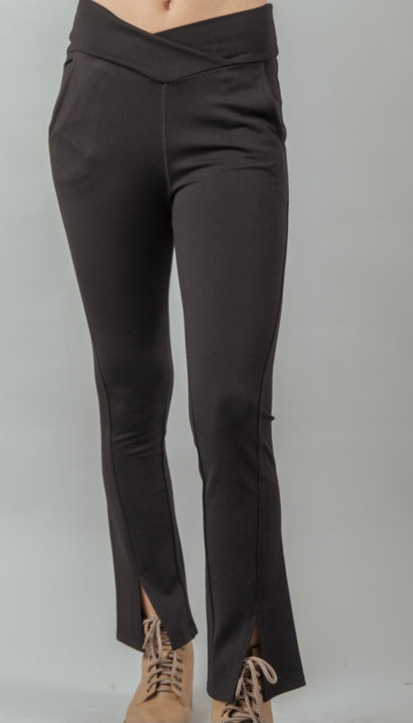 Black criss cross waist, split leg yoga pants