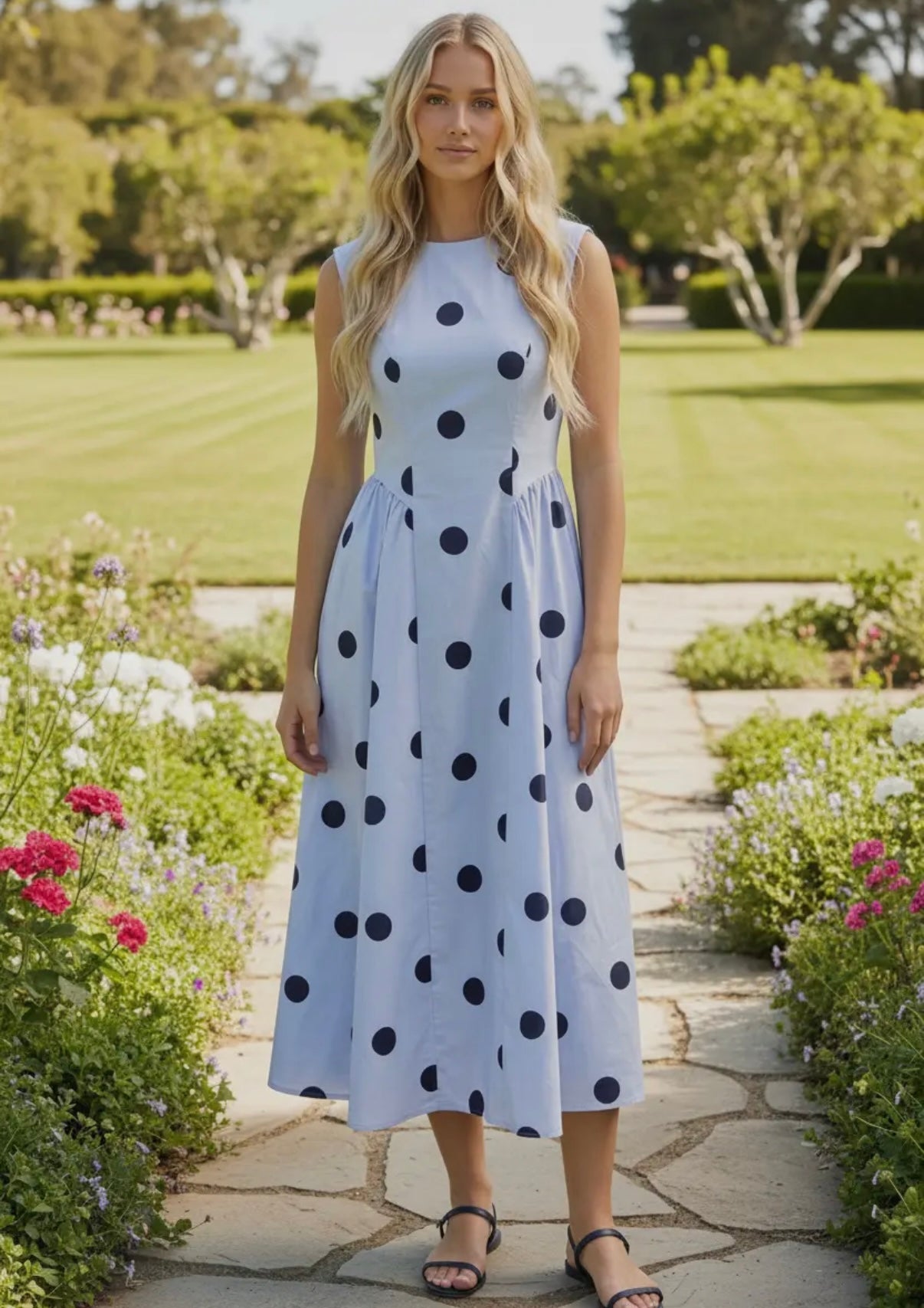 Blue polka dot open back midi dress