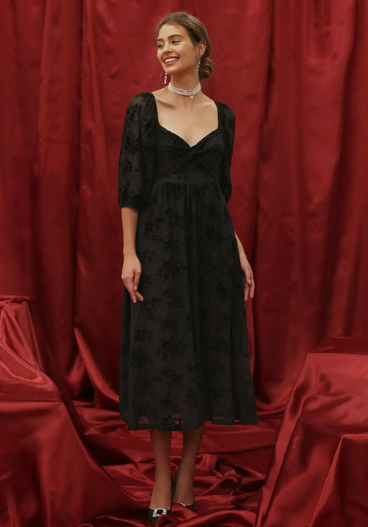 Black velvet floral midi dress