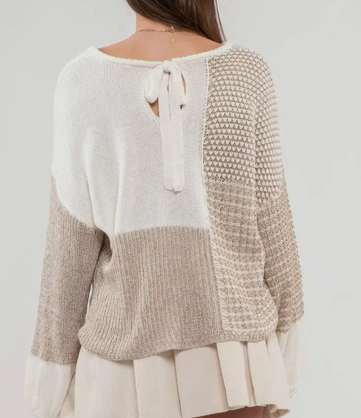 Taupe and cream color block sweater