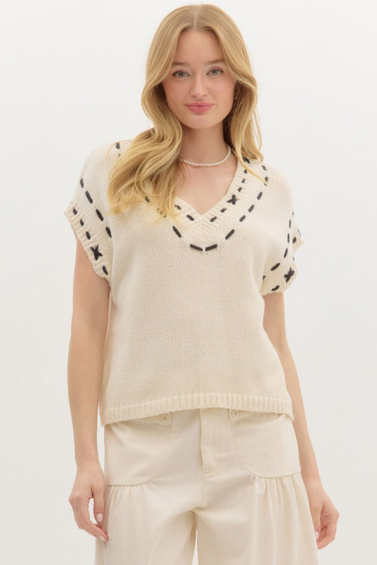 Cream and black cap sleeve sweater