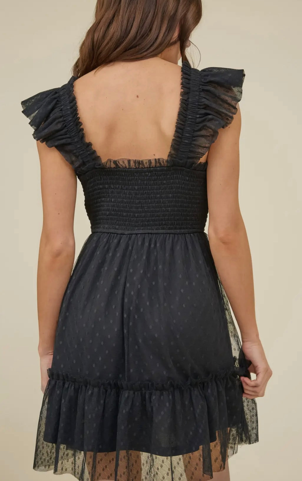 Black dotted chiffon mini dress