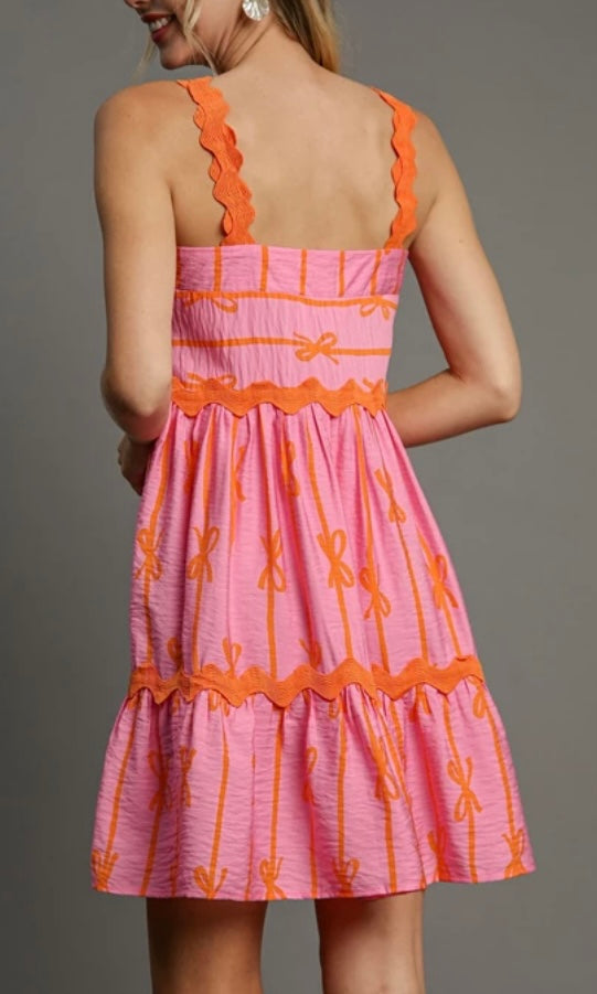 Pink and orange bow print sun dress