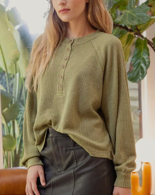 Olive button up henley top