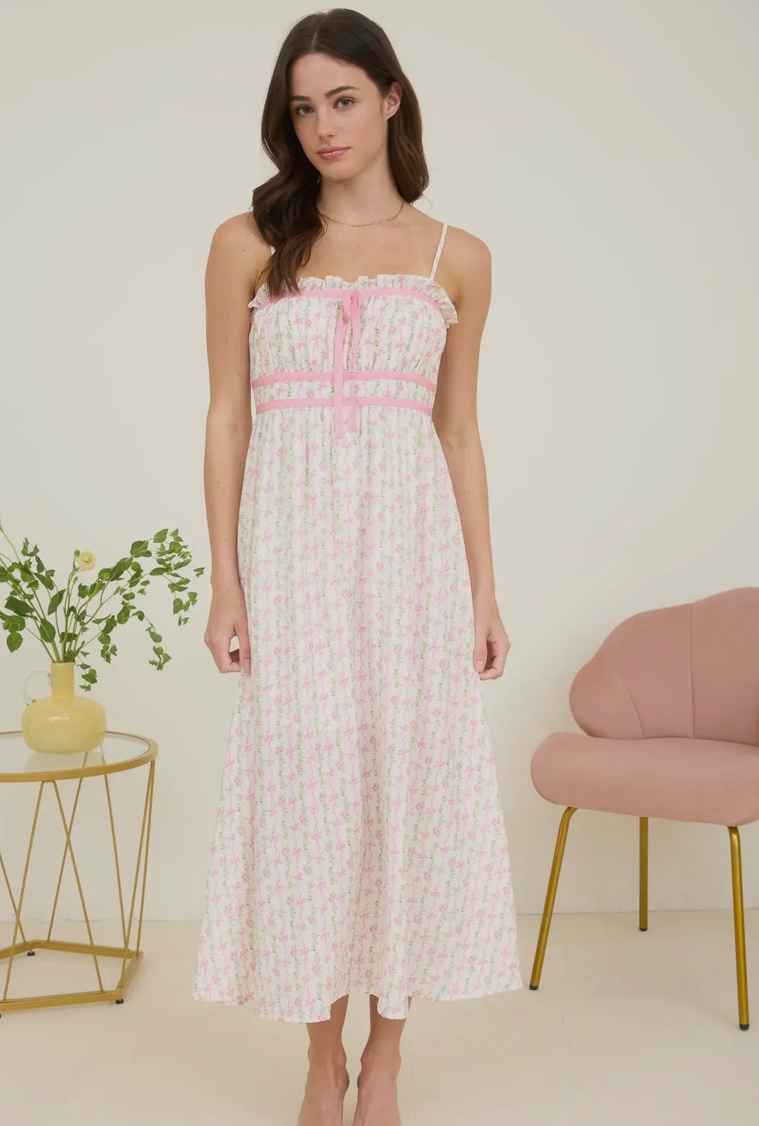 Pink bow print midi dress