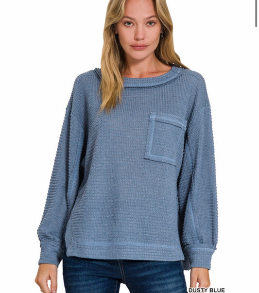 Dusty blue waffle knit top