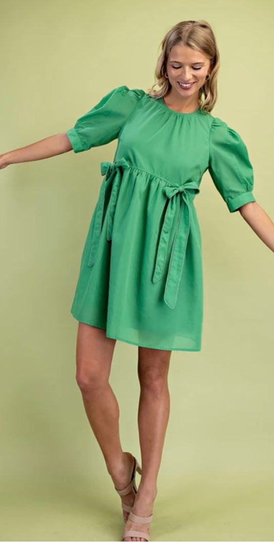 Green bow front mini dress