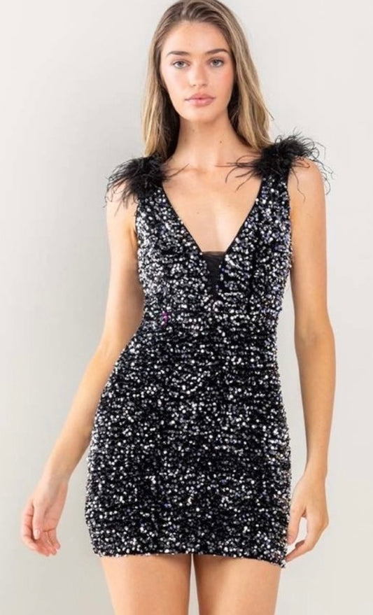 Black and silver feather strap mini dress
