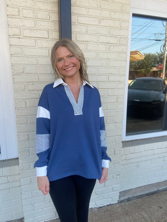 Navy and white sweatshirt